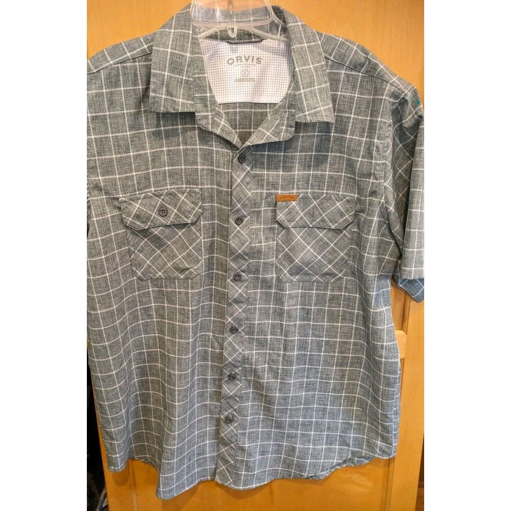 Orvis‎ short sleeve gray/Gn polyester button down shirt Large Fishing Outdoors